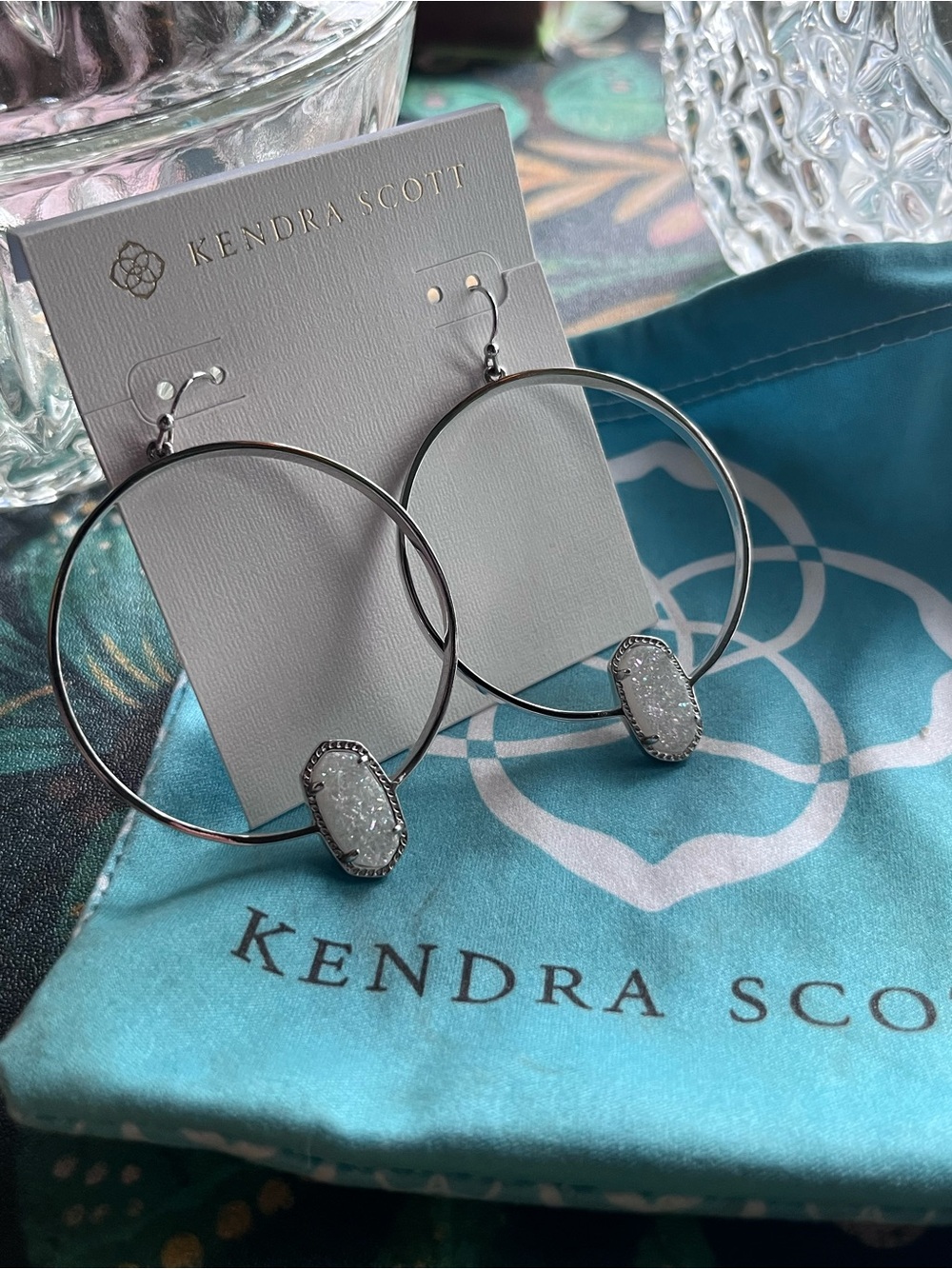 Kendra Scott Silver Hoop Earrings with White Druzy Stones